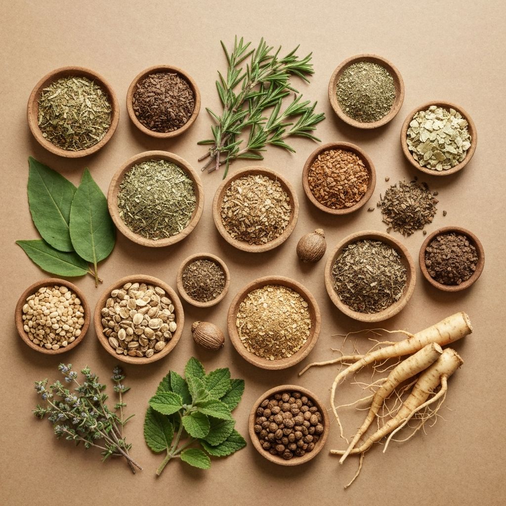 Diverse collection of herbs, seeds, and plants